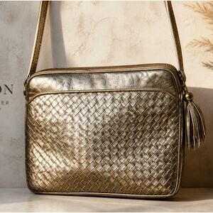 Vintage Ganson Crossbody Bag Woven Intrecciato Leather Metallic Gold 90s Retro